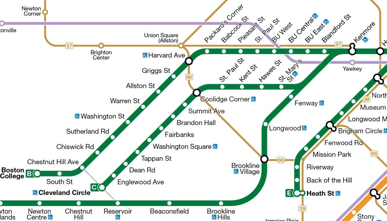 Boston green line map - MBTA vihreä linja kartta (yhdysvallat)