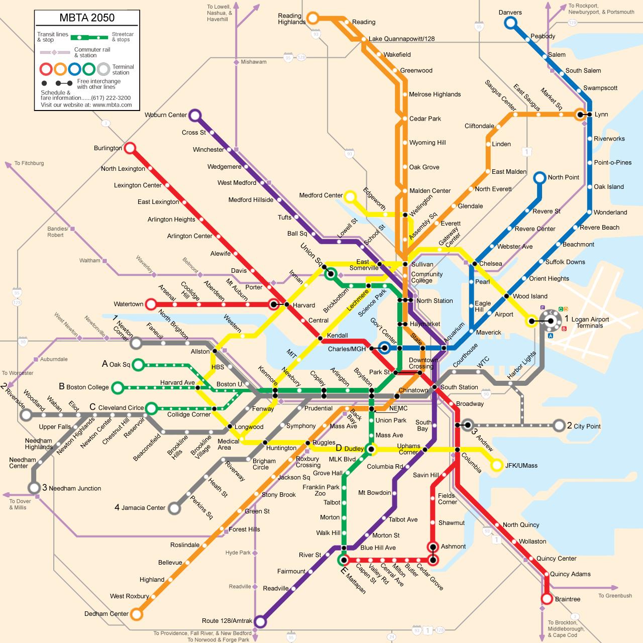 Boston transportation kartta - Bostonin julkinen liikenne kartta  (yhdysvallat)