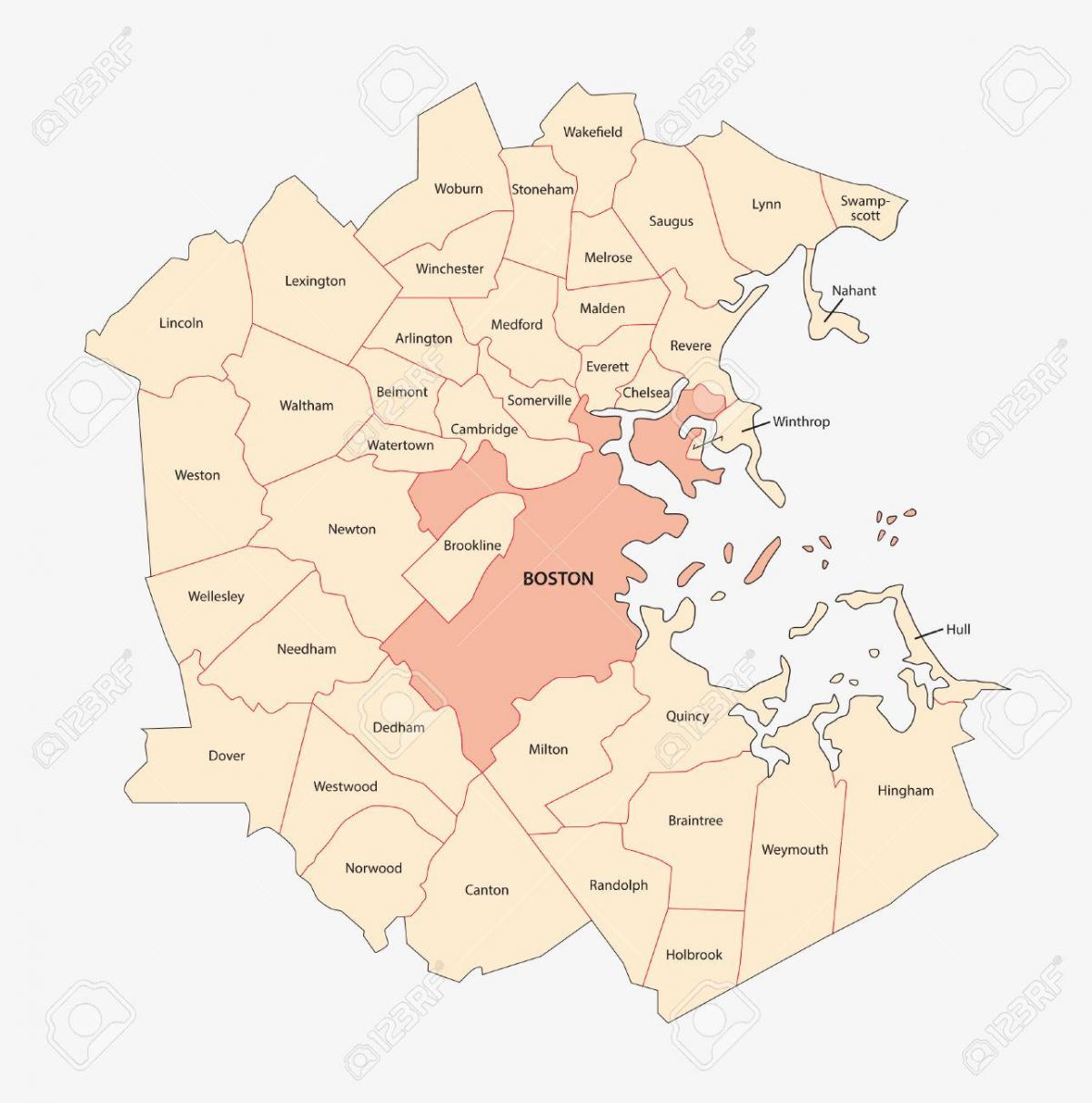kartta Bostonin alueella